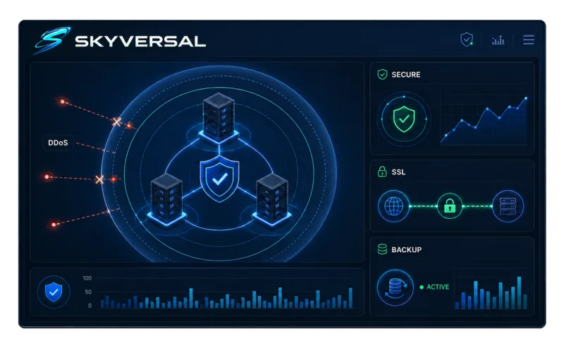 Security panel — DDoS protection, SSL, backups