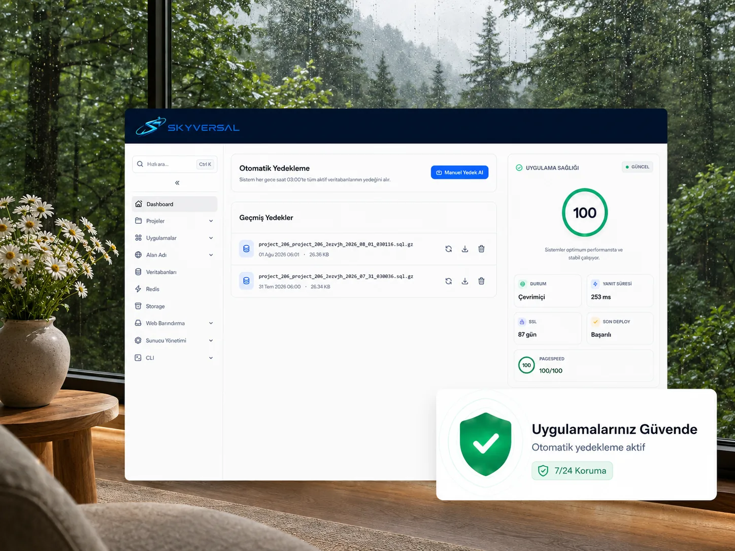 Skyversal web hosting control panel — site and server management with 99.99% uptime