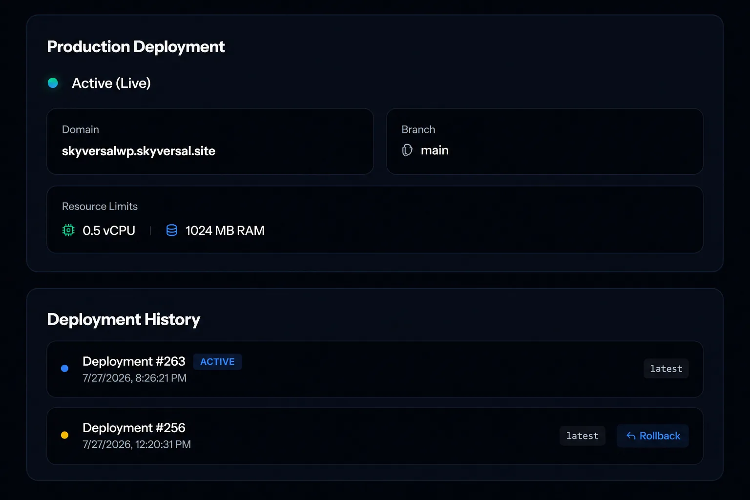 Skyversal panelinde production deployment ekranı (koyu tema): aktif yayın, domain, kaynak limitleri ve tek tıkla rollback