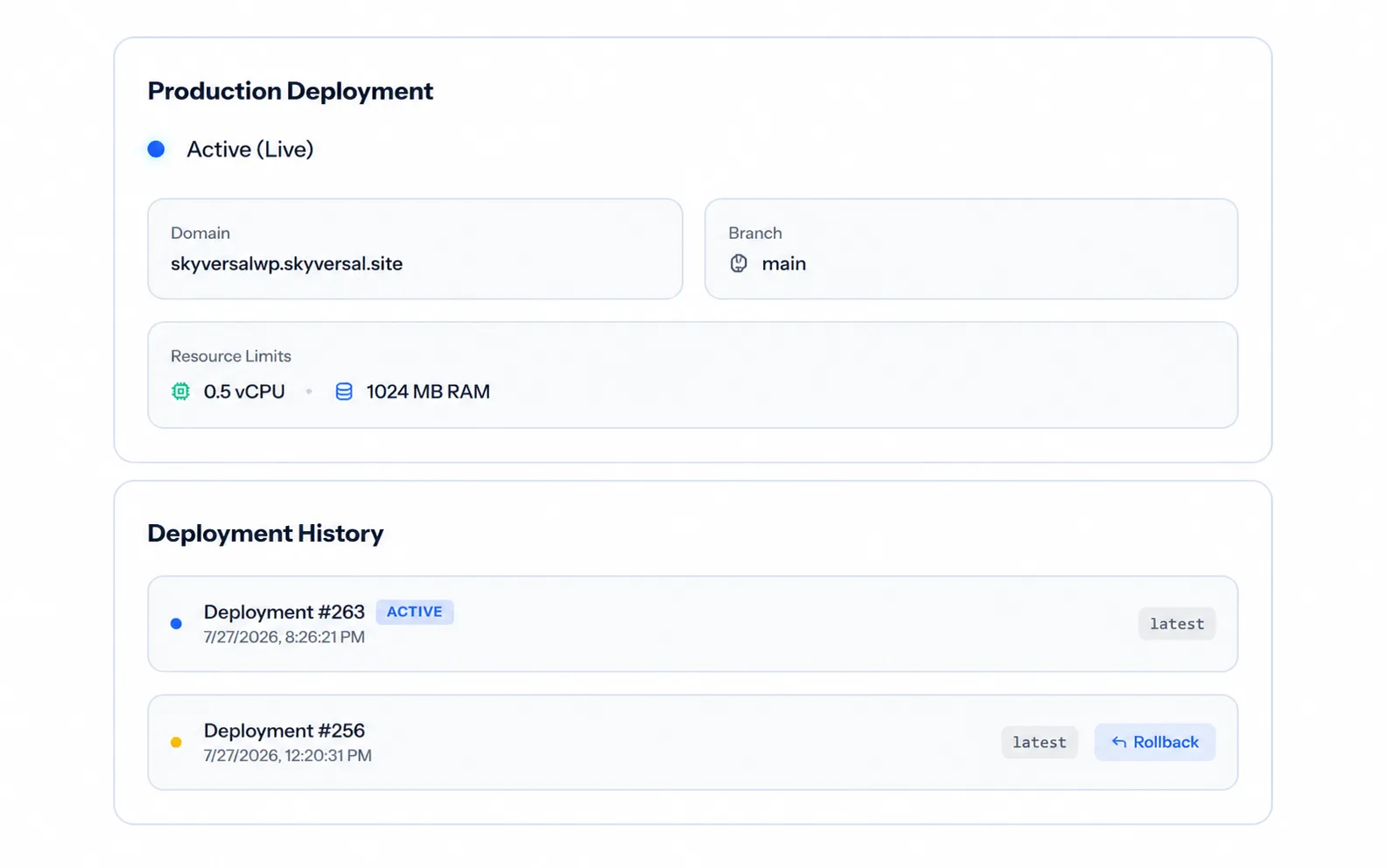 Skyversal panelinde production deployment ekranı: aktif yayın, domain, kaynak limitleri ve tek tıkla rollback